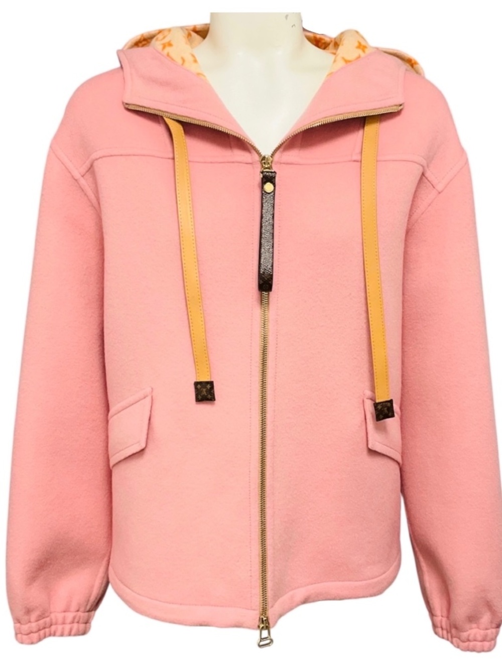 LOUIS VUITTON PINK HOODED ZIP FRONT WOOL JACKET WITH BROWN MONOGRAM CANVAS TRIM